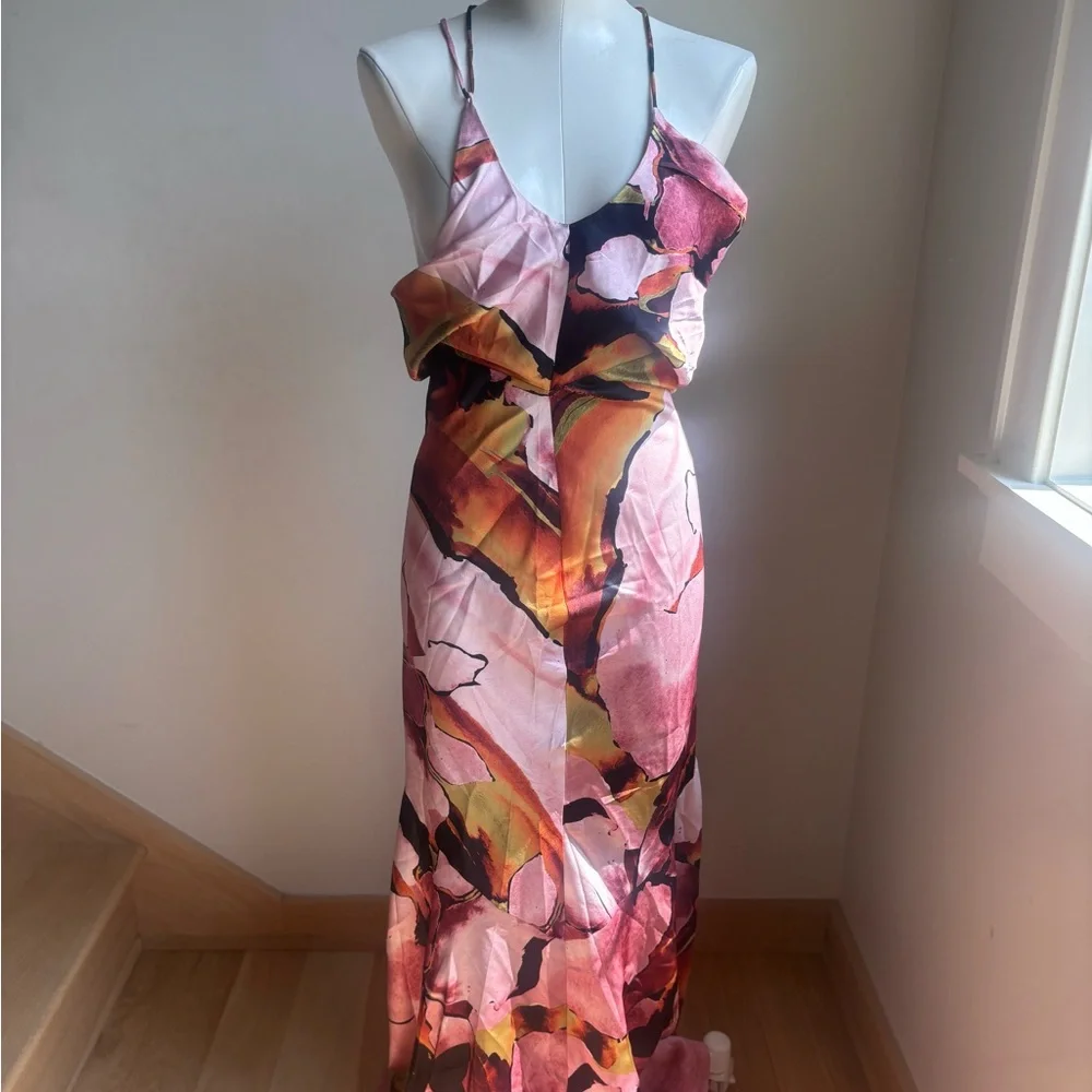 ASOS DESIGN strappy tie back cowl front satin maxi dress in print - Picture 1 of 9
